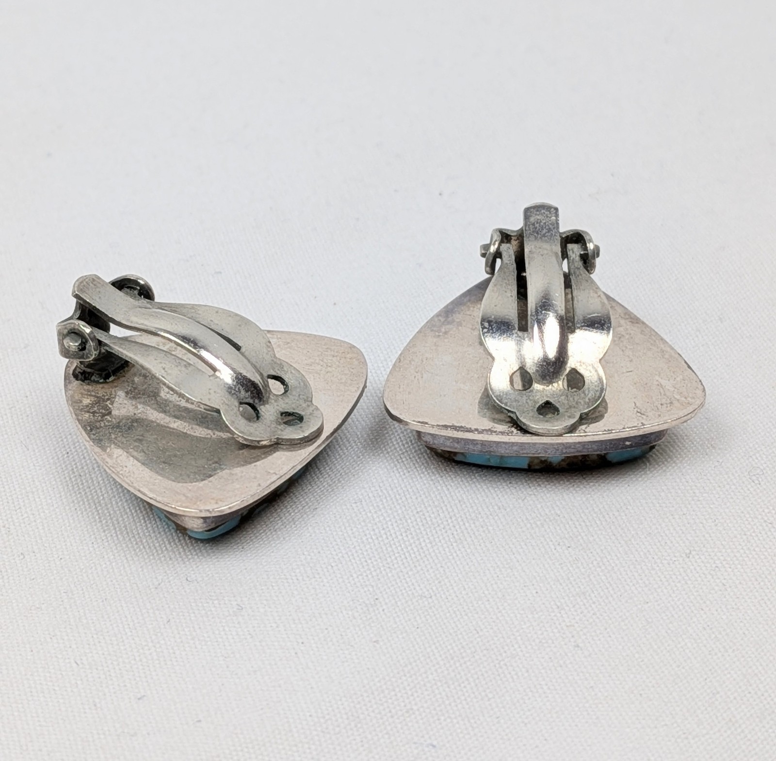 Vintage Turquoise Silver Earrings Triangle Geometric Sterling Bevel Set Clip On