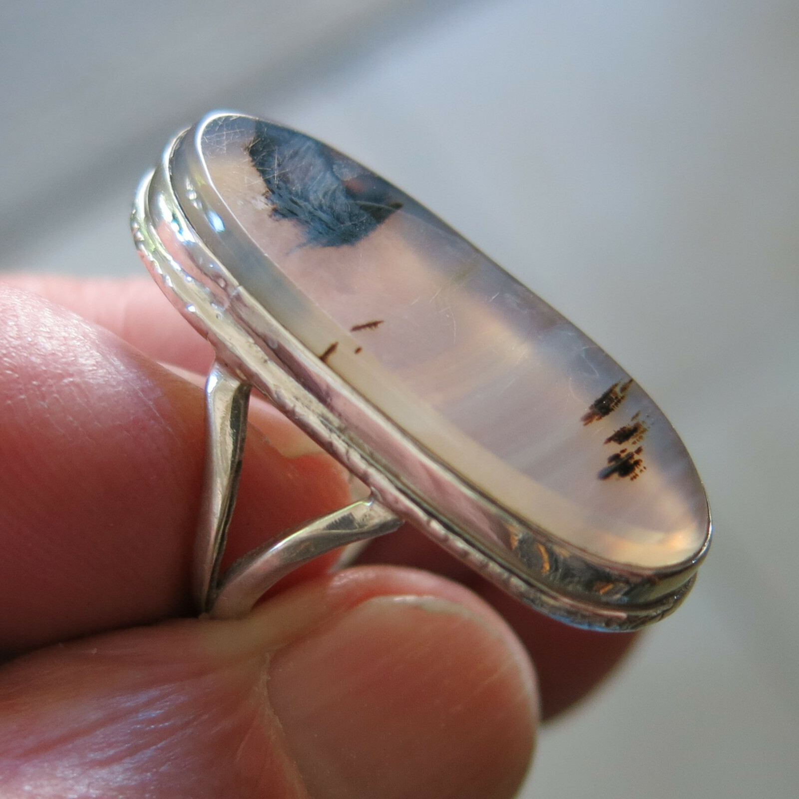 Vintage Sterling Silver Large Moss Agate Ring 6.4g Size 5.75 [6462]