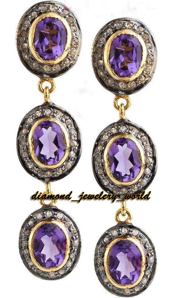 Vintage 2.09ct Rose Cut Diamond Amethyst Studded Silver Gorgeous Earring Jewelry