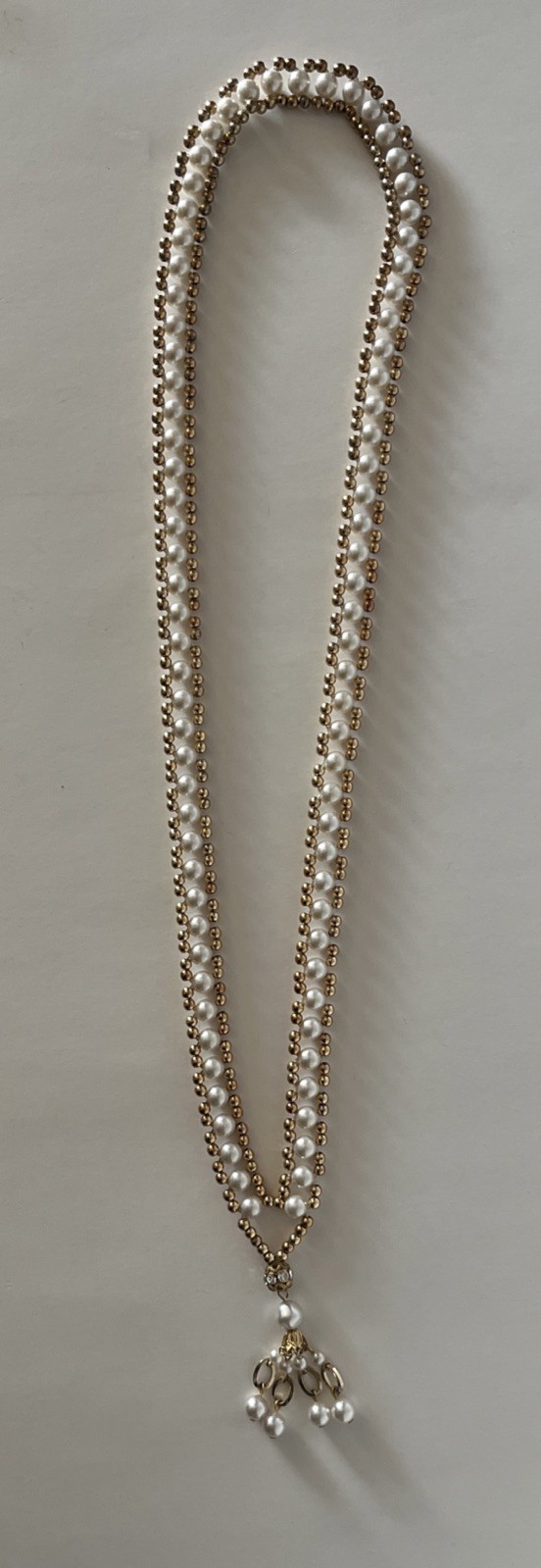 Vintage Long Ivory Color Faux Pearl Necklace With Gold Beaded Rhinestone Tassel