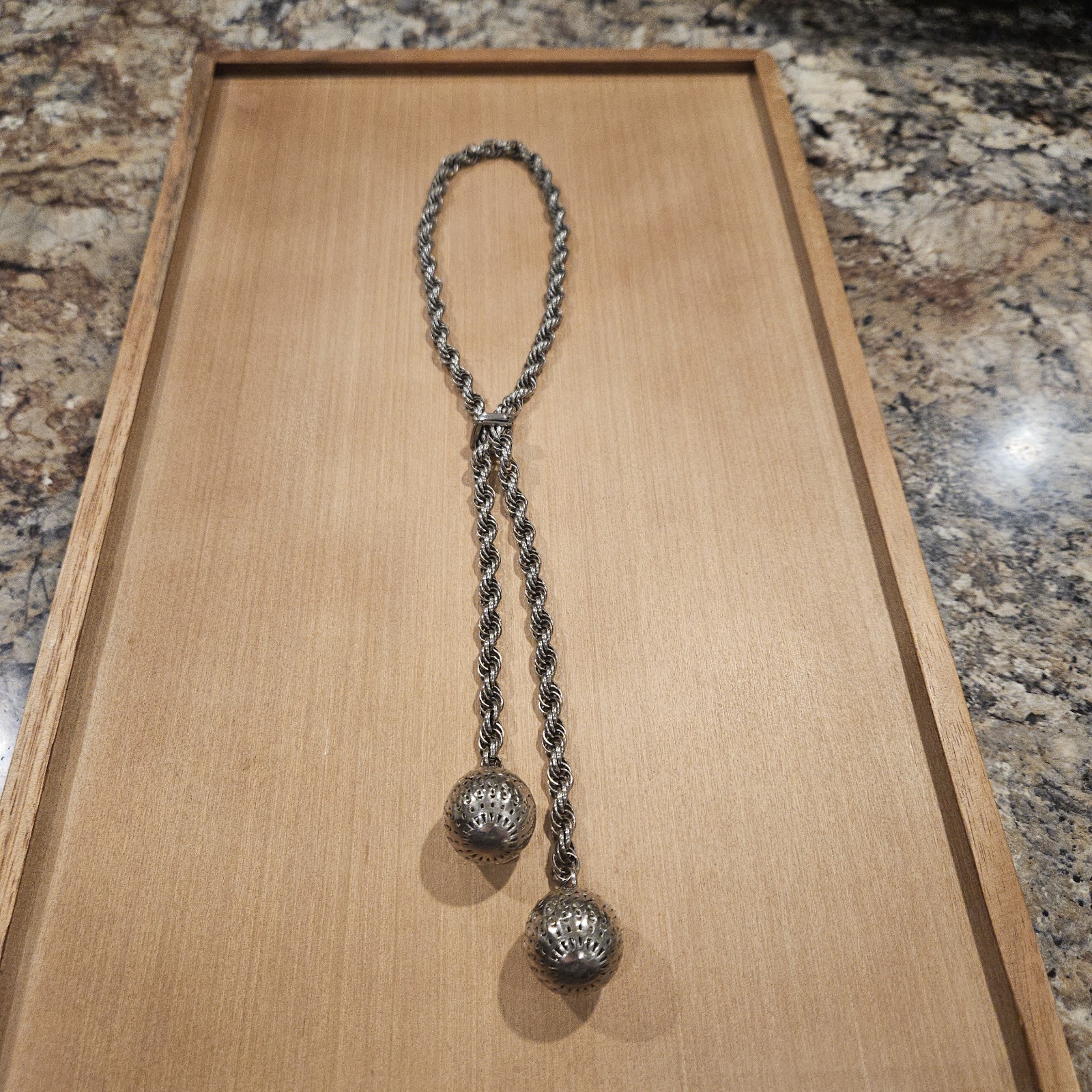 Vintage Tassel Necklace Lariat Rhinestone Ball Heavy Rope Chain Silver Tone 30”