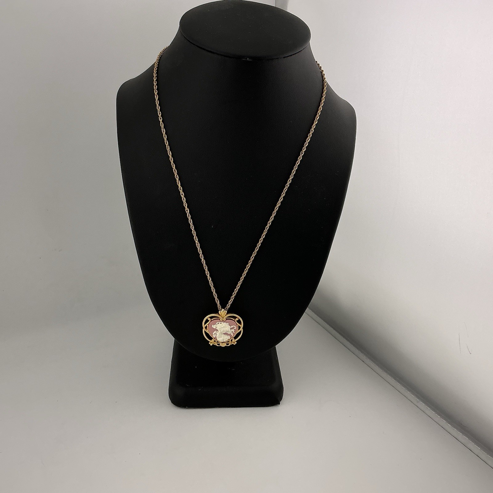 Vtg Precious Moments PMI Necklace Pink Faux Cameo Pendant GoldT Filigree 1990s