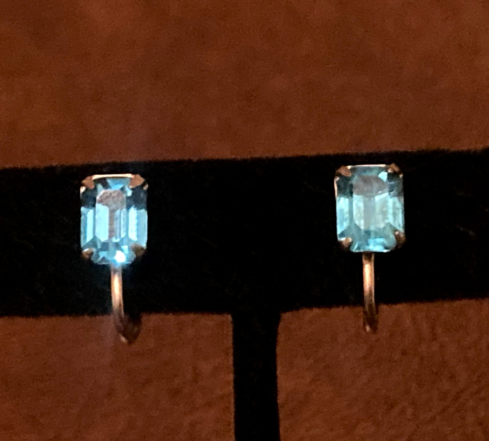 Vintage Gold Tone Earrings Blue Glass Screw Back Hallmarked