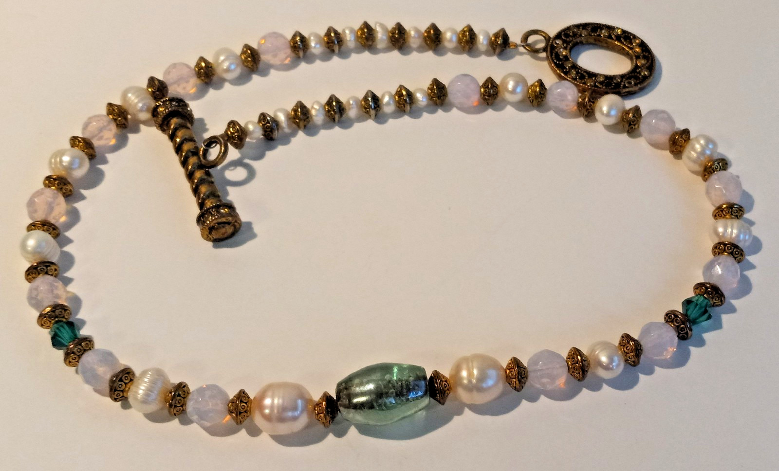 vtg amazing ornate toggle close multi stone quartz pearl necklace 20″ long #61