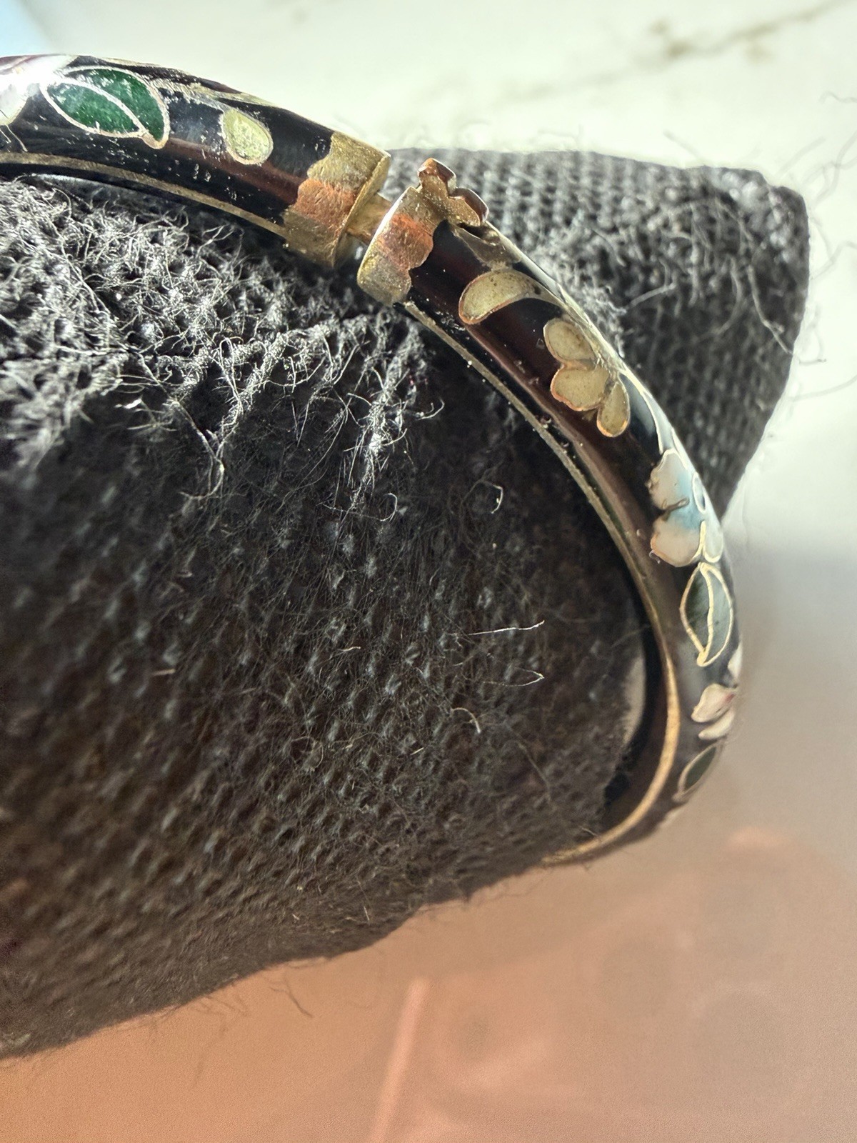 Vintage Cloisonne Enamel Floral Hinged Bangle Bracelet Black Background 2.8in