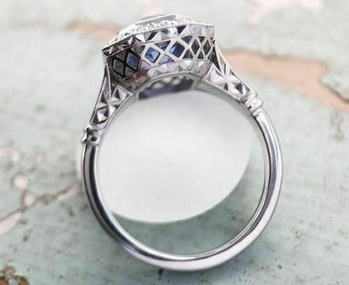 Art Deco Antique 3.40 Ct Blue Sapphire Vintage Wedding Ring 925 Sterling Silver