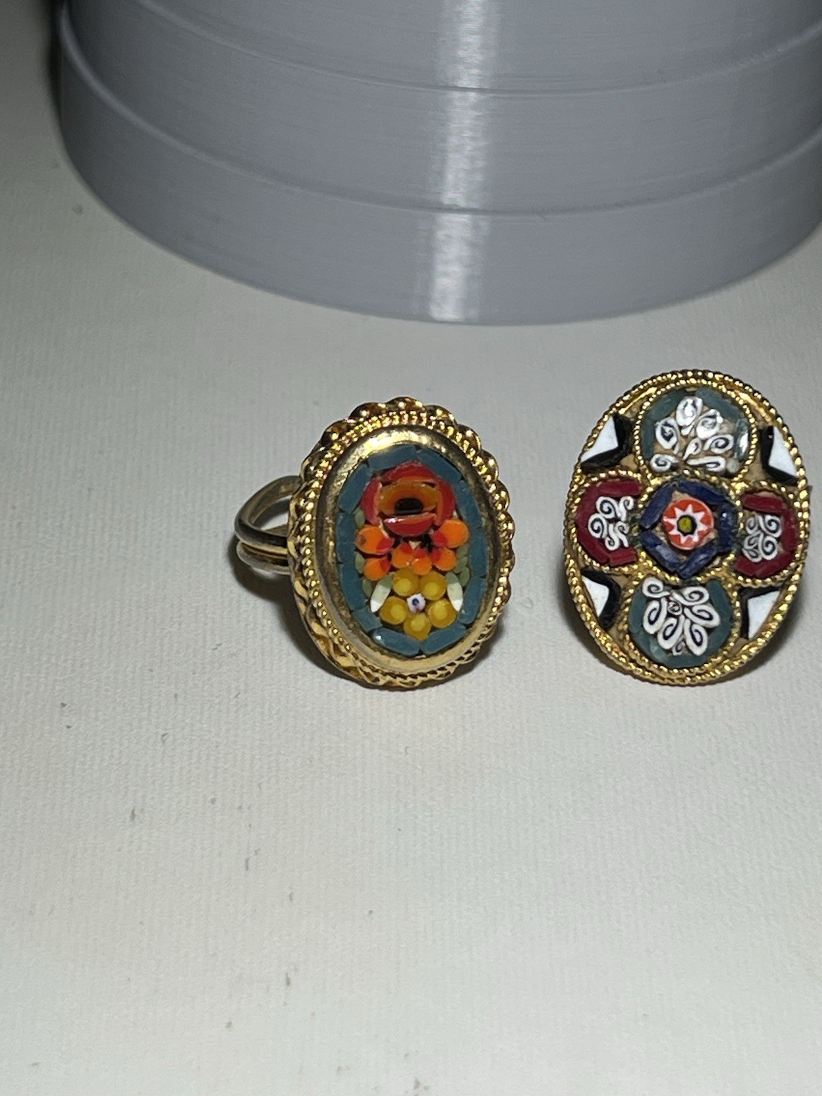 Two Vintage Italian Micro Mosaic Floral Chipped Glass Adjustable Rings