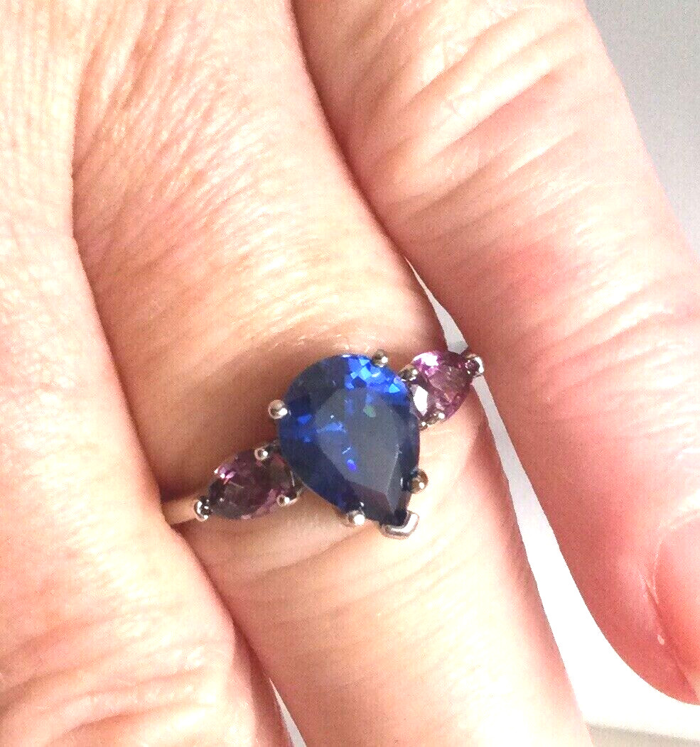 Jewellery Pear Cut Blue Sapphire and Amethysts Engagement Ring White Gold Finish