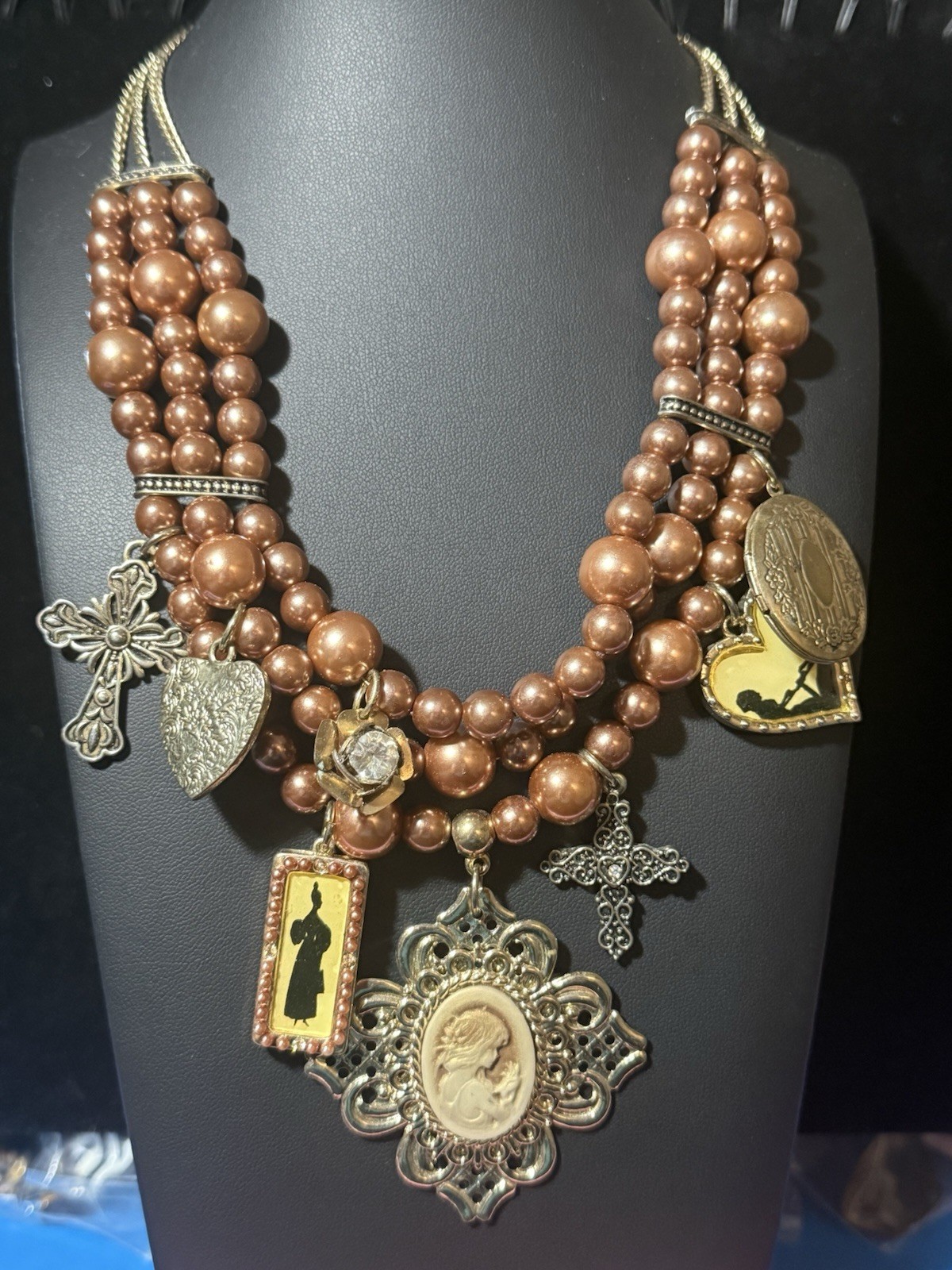 Rare Vintage Multi-Strand Faux Pearl Necklace W/traditional Religious Items