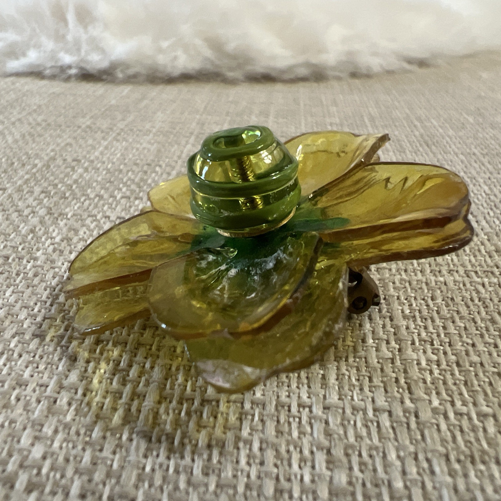 Vintage Cellulose Acetate Yellow Double Layer Petal Floral Clip On Earrings