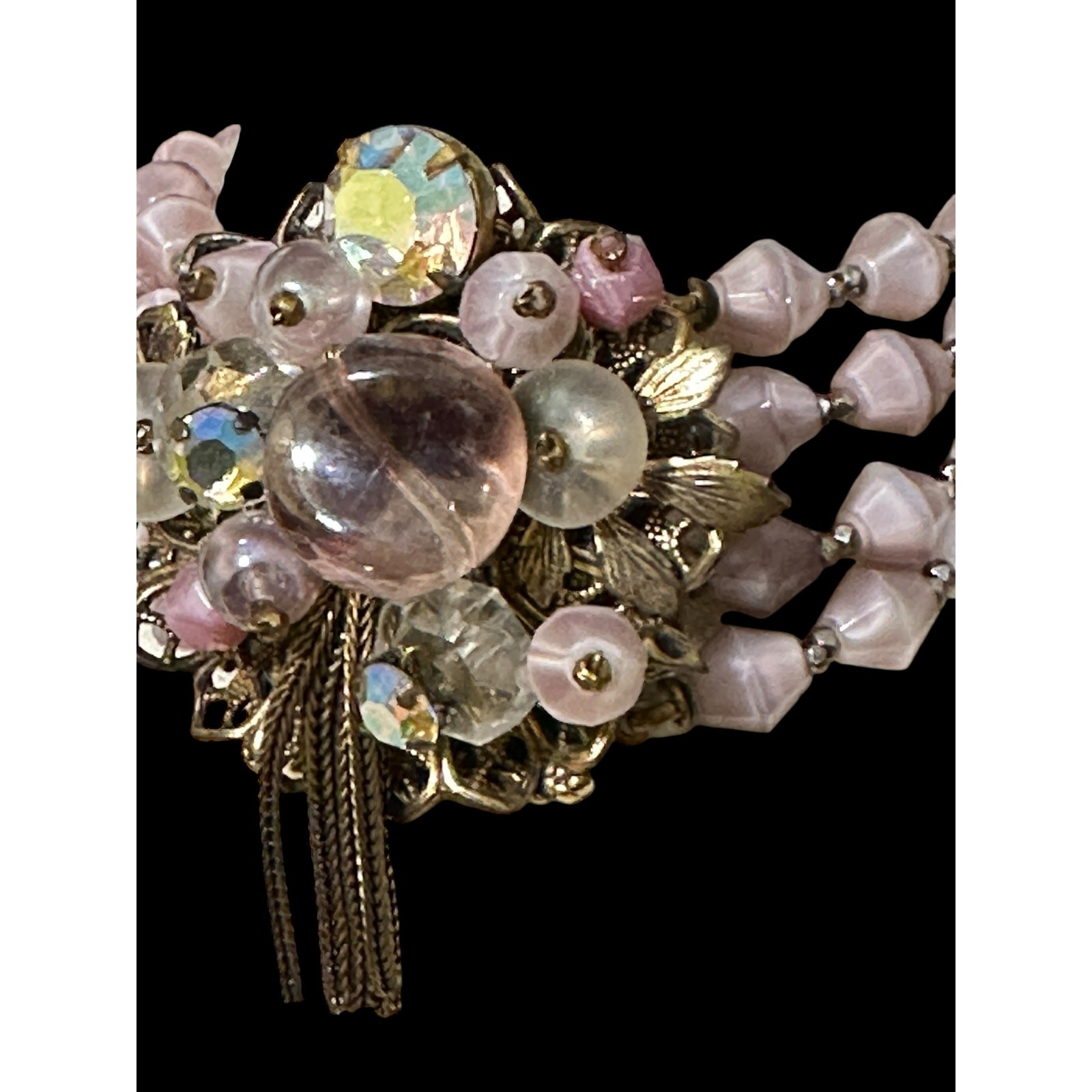 Vintage Pink Opaline Glass Multi Strand Bracelet AB Rhinestone Floral Tassel