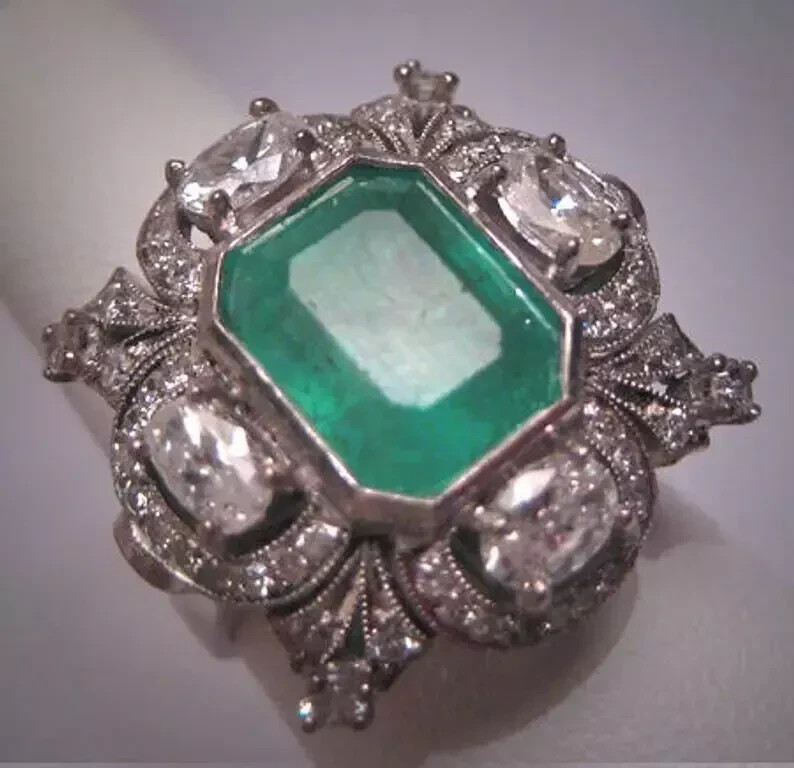 3 Ct Emerald Vintage Art Deco Five Stone Cocktail Wedding Ring 14K White Gold FN