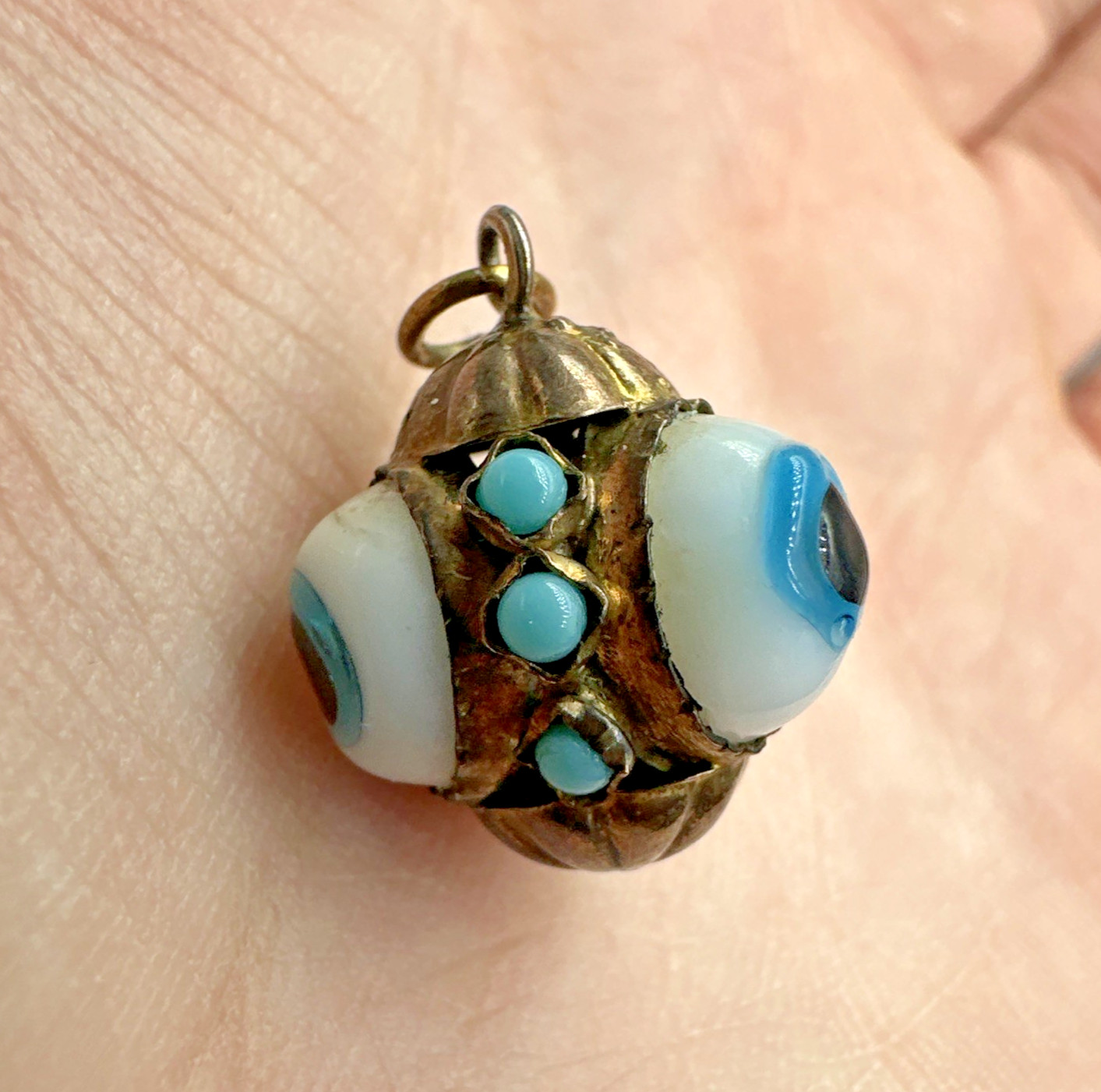 Vtg Victorian? Triple Evil Eye Blown Glass Gilted Brass Pendant Good Luck Amulet