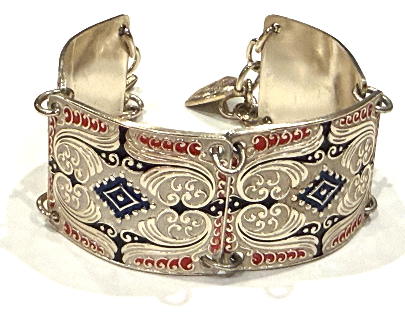 WEST GERMANY RED WHITE BLUE ENAMEL SILVER PANEL LINK 8″ BRACELET VINTAGE EUC