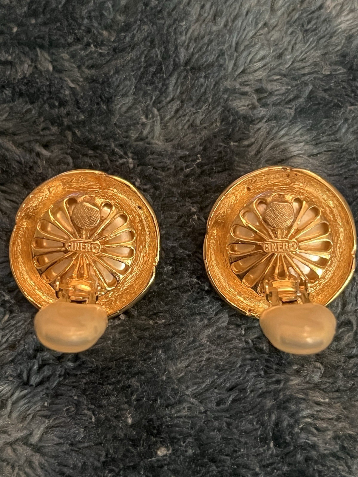 Signed Ciner Clip-On Faux Pearl Set In Gold-Tone Twisted Rope Earrings