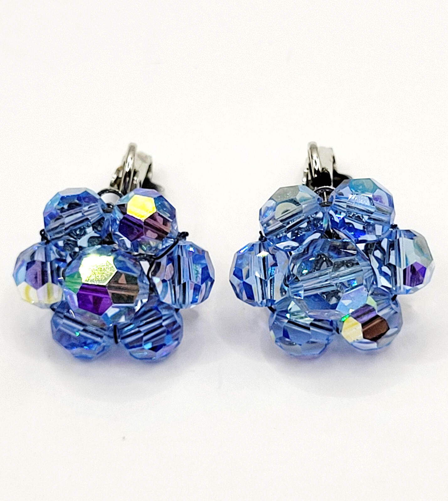 Light Blue Faceted Crystal Bead Cluster Sparkling Fancy Vintage Clip On Earrings