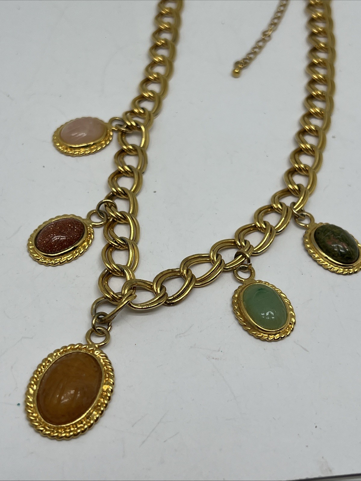 Vintage Gold Tone Multi-Stone Cabochon Charm Chunky Chain 18.5”-22” Necklace