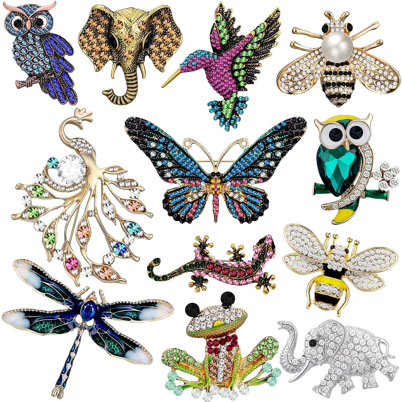 12 Pcs Vintage Rhinestone Brooch Set – Crystal Pins for Women, Retro Wedding Gif