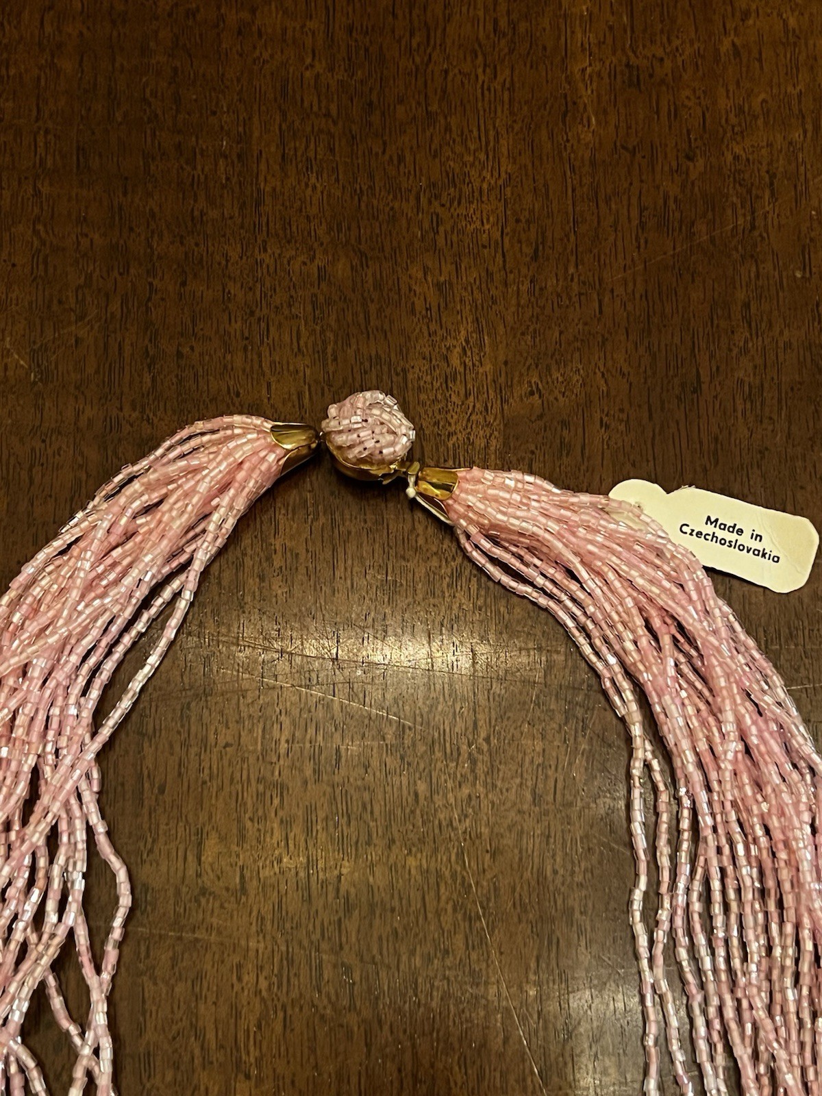 Vintage Czech Pink Glass Multi Strand Necklace Gold Tone NWT Nice!