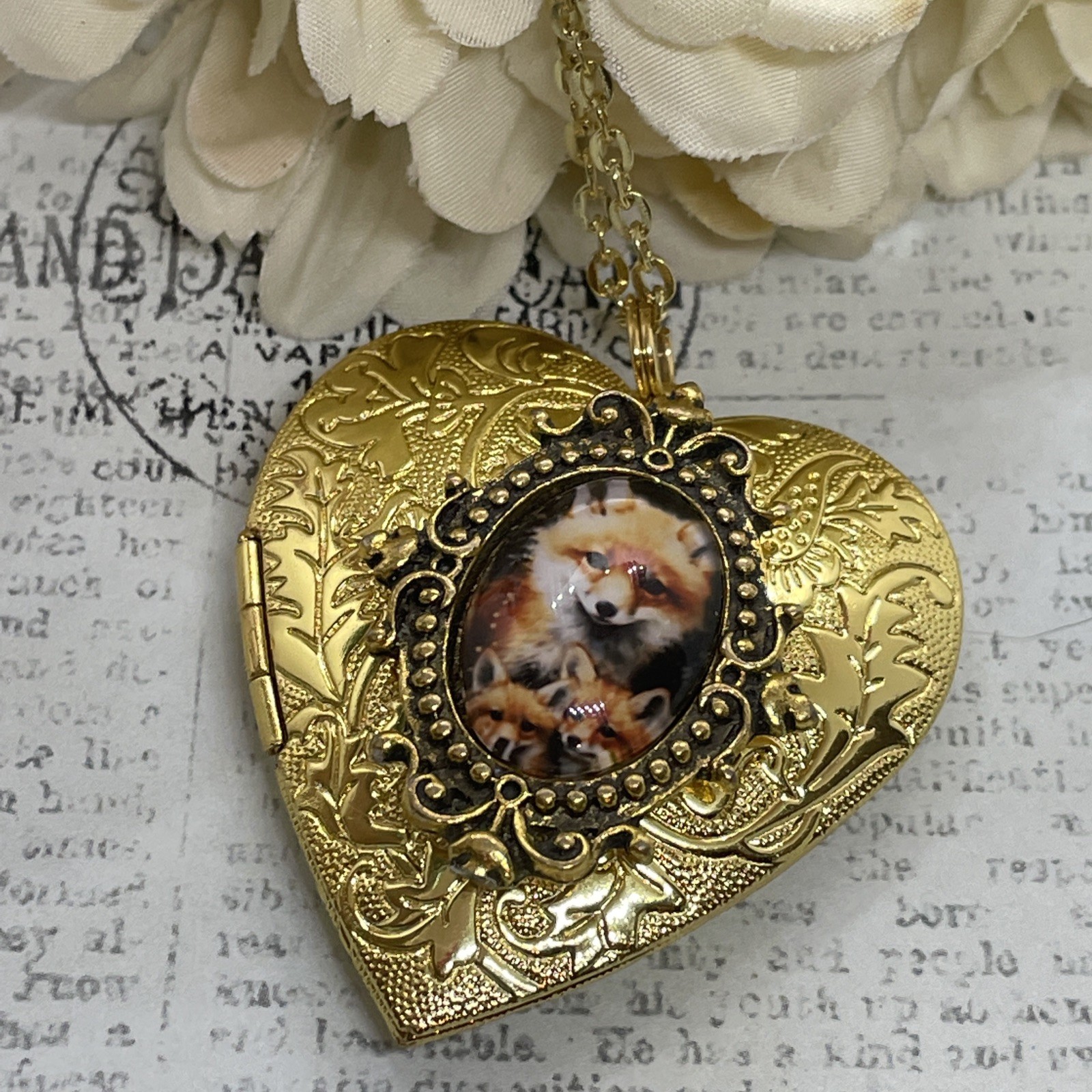 Gold Heart Locket Photo Kit Birthday Anniversary Wedding Fox Mom Baby Necklace