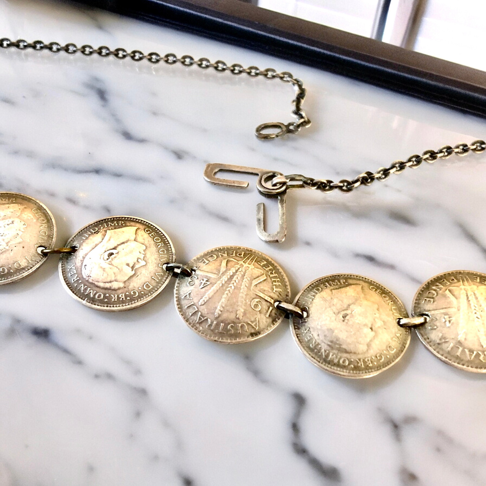 Silver Coins from Australia Necklace Three Pence 1943 Choker 15″