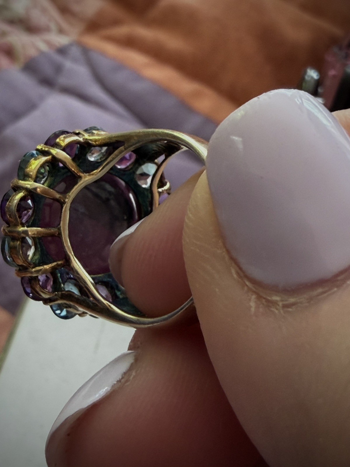 Hex Pink Sapphire Cabochon Ring. Topaz and Amethyst accents