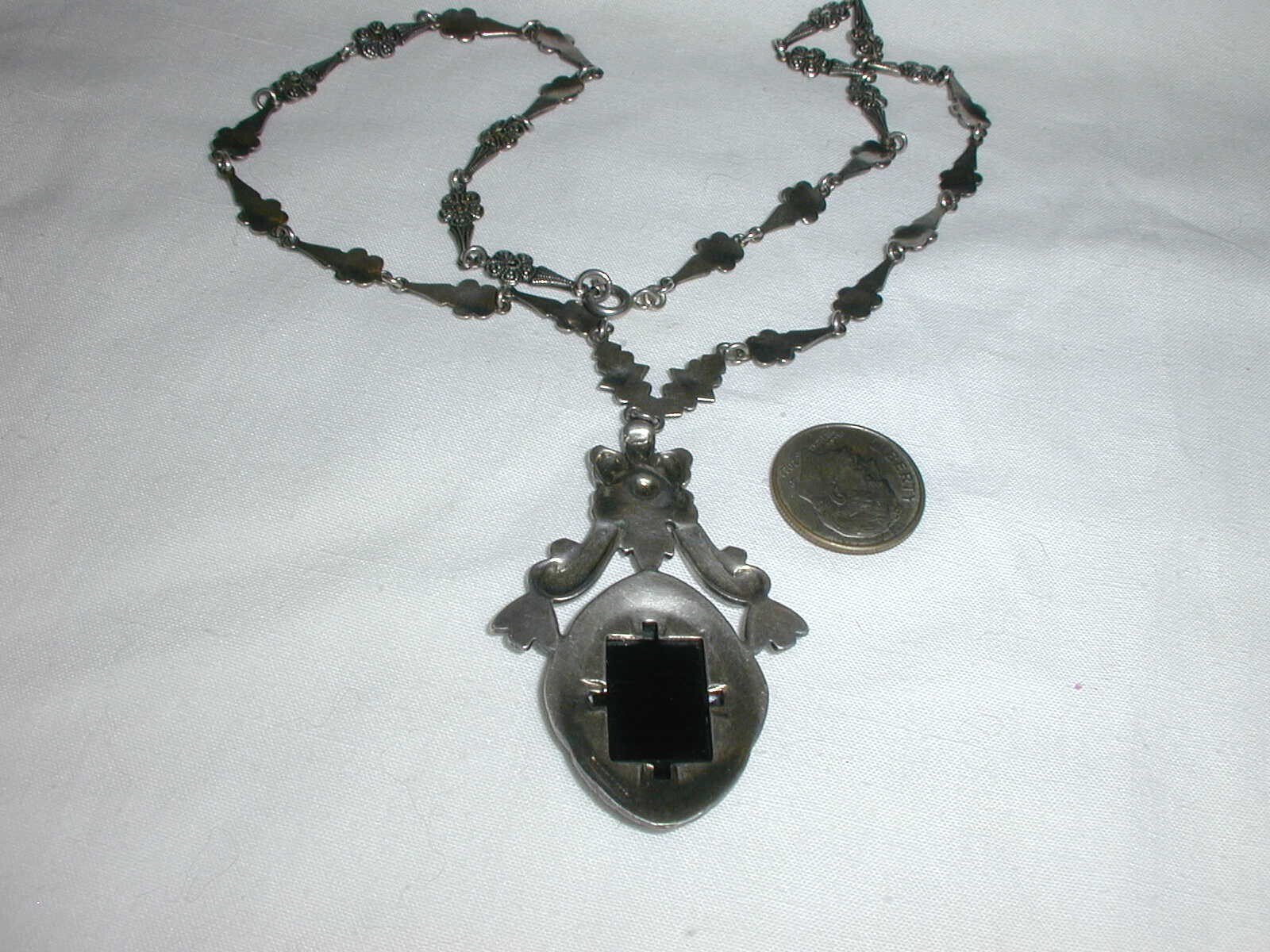 STUNNING~ ART DECO STERLING BLACK ONYX HAND SET MARCASITE NECKLACE!