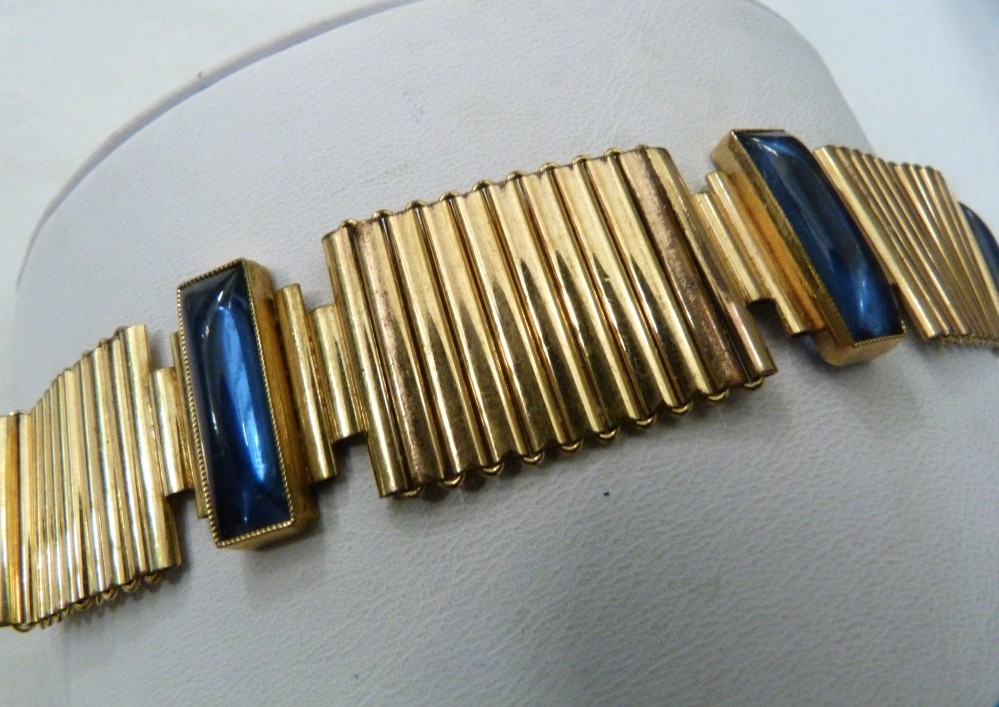 VTG KOLLMAR & JOURDAN ROLLED GOLD ART DECO LINKS SAPPHIRE BLUE GLASS BRACELET