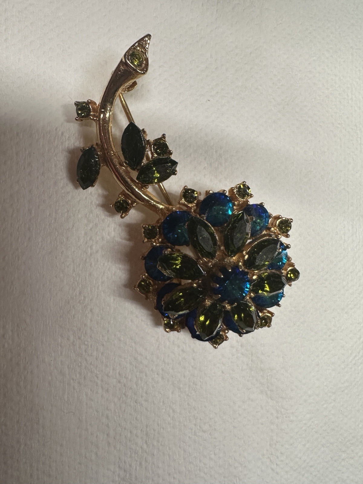 VTG Edlee Capri Rivoli Flower Brooch Blue Green Olivine Rhinestones Mid Century