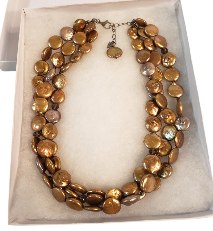 SILPADA 925 Sterling Silver 3 Strand Bronze Coin Pearl Necklace in Box N1717