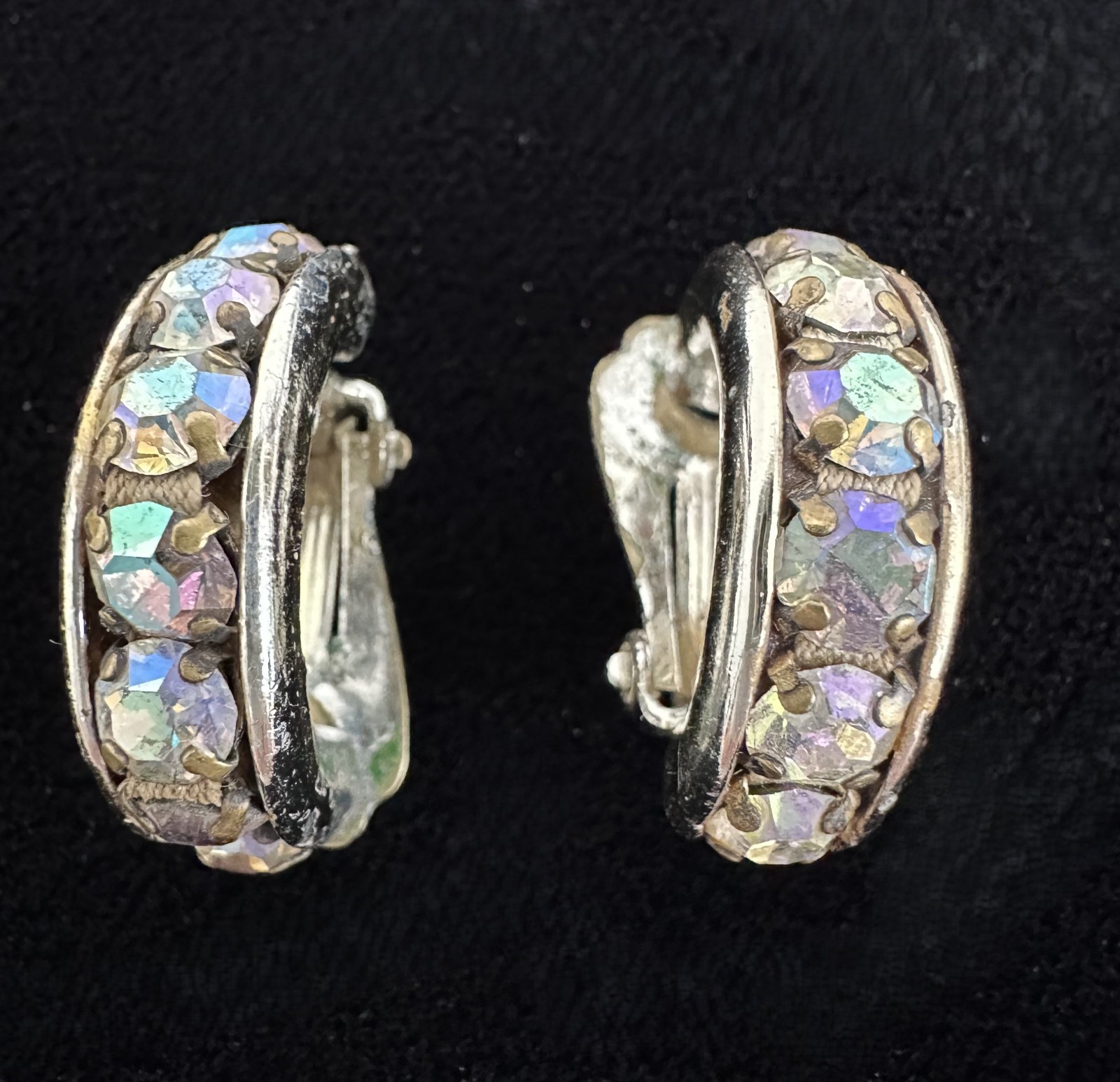 JJE205 Silver Plate Semi Circle Clip On Earrings w Colored zircons VTG