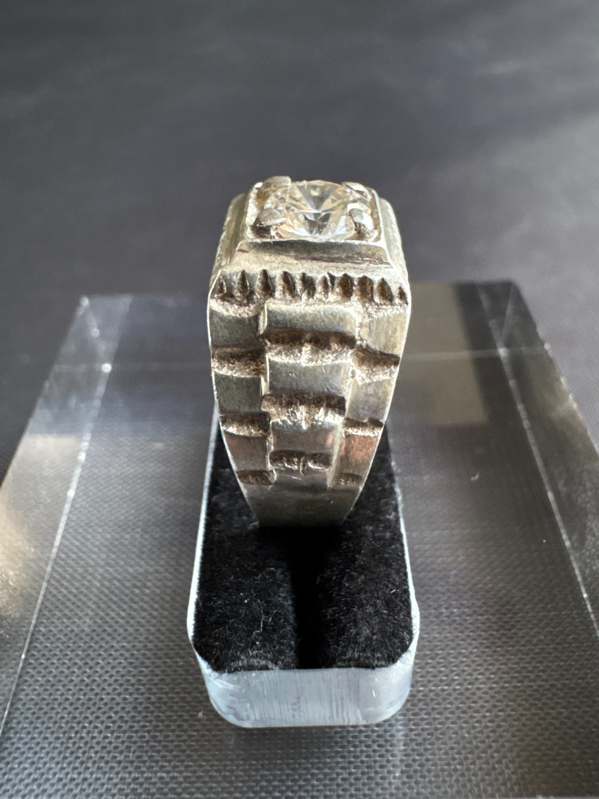 Vintage 925 Sterling Silver Chain Link Band CZ Stone Ring Handmade Size 4.75 US