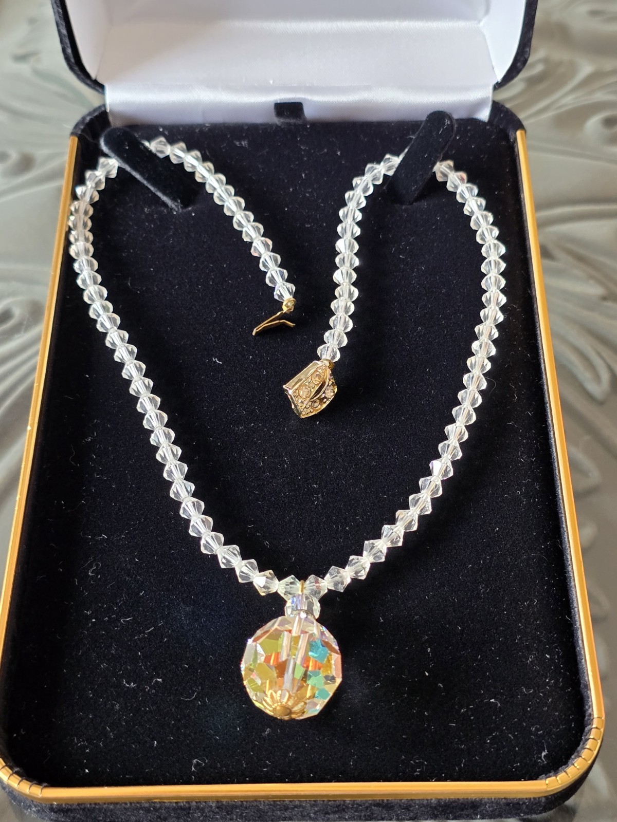 CZECH AURORA BOREALIS CRYSTAL BALL w CRYSTAL CHAIN PENDANT NECKLACE☆FILIGREE CAP