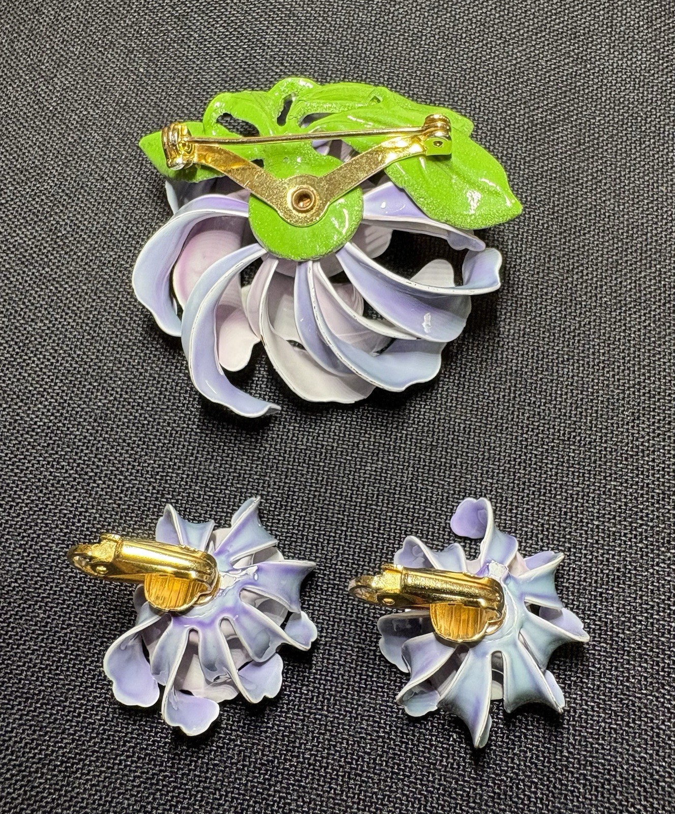 Enamel Floral Brooch With Matching Clip-on Earrings Set Vintage Lavender