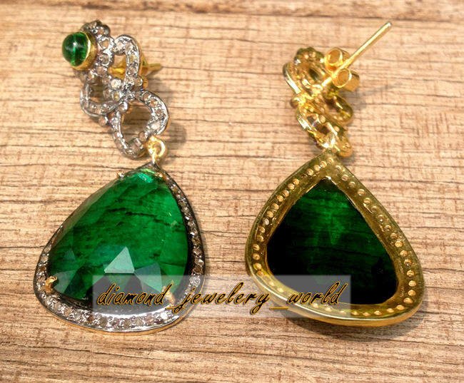 2.95ctw Rose Cut Diamond Emerald Studded Silver Vintage Stunning Earring Jewelry