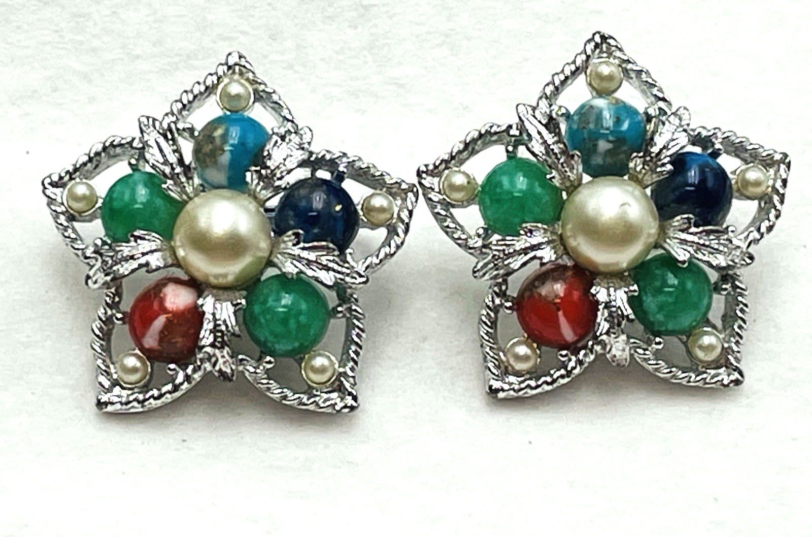 Sarah Coventry Multi-Stone Color Faux Pearl Filligree Clip Earrings Silver Tone