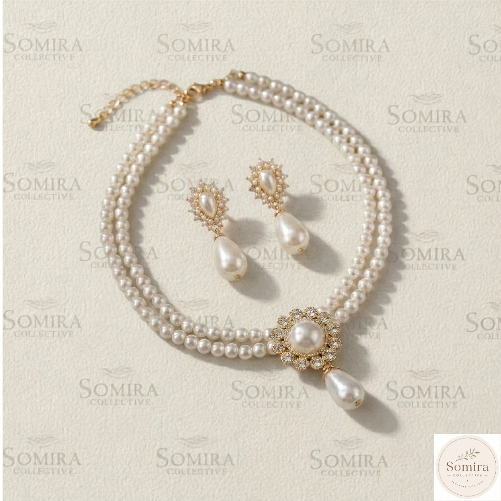 Vintage Pearl Set, Double Strand Necklace and Teardrop Earrings