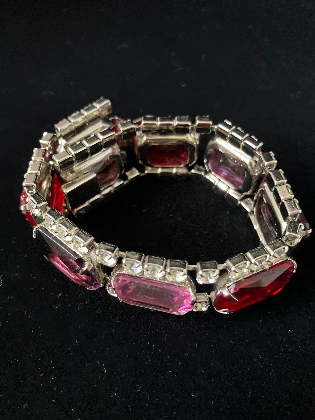 Vintage Rhinestone Panel Bracelet Square Cut Chunky Bling Purple Pink Red Clear