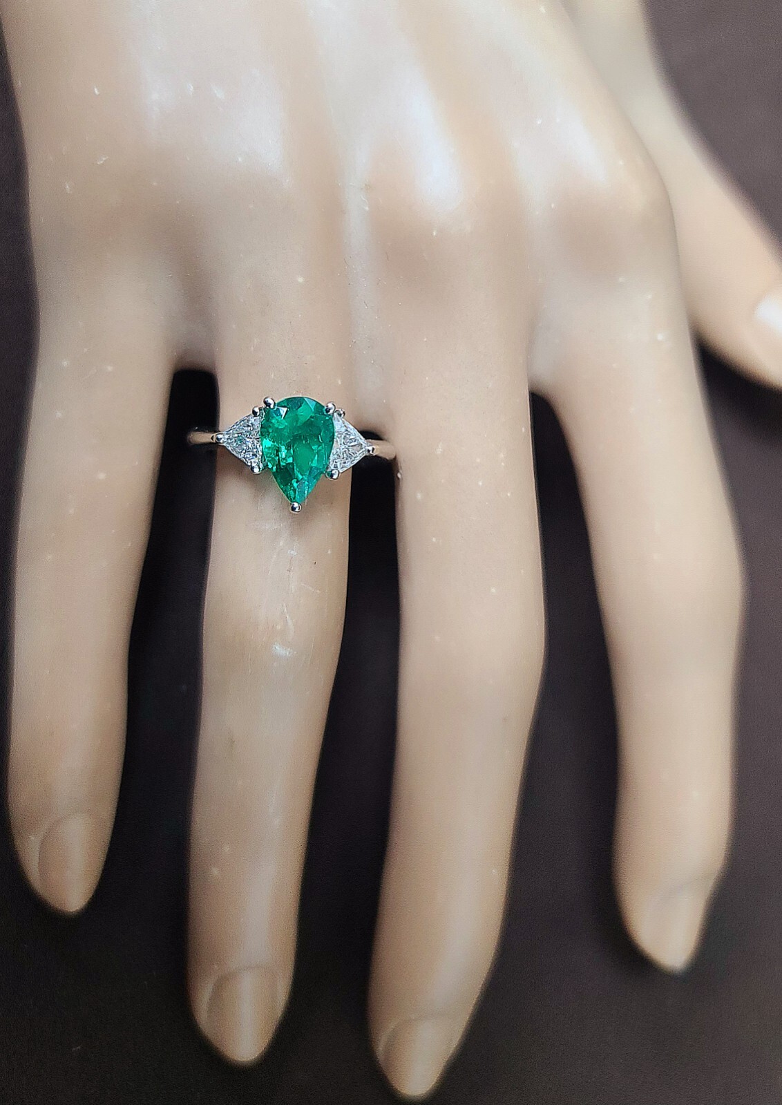 Vintage Platinum Engagement Ring 1.12CT. Natural Green Colombia Pear Shape