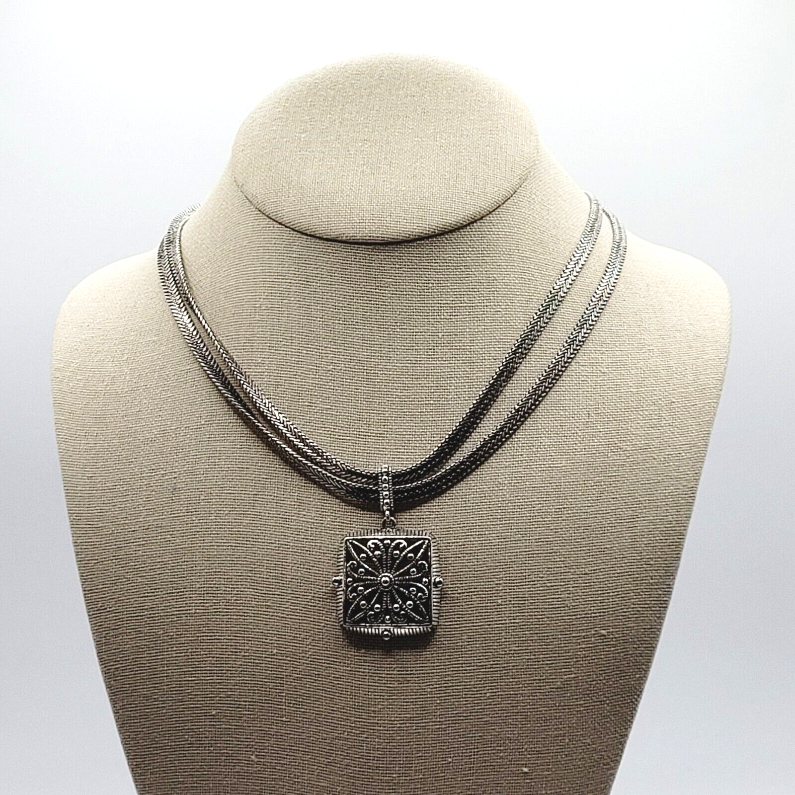 Napier Two Chain with Square Floral Filigree Ornate Silver Tone Pendant Necklace