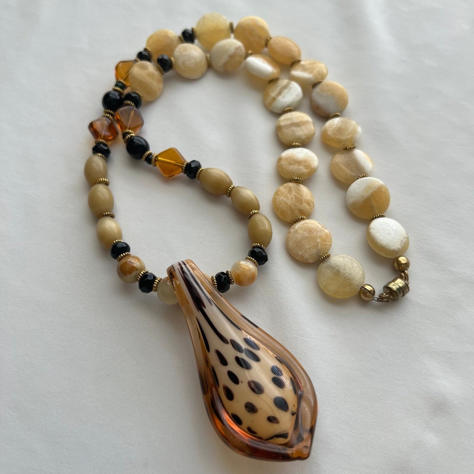 Boho Genuine Yellow Calcite Stone Handblown Art Glass Pendant Gold Tone Necklace