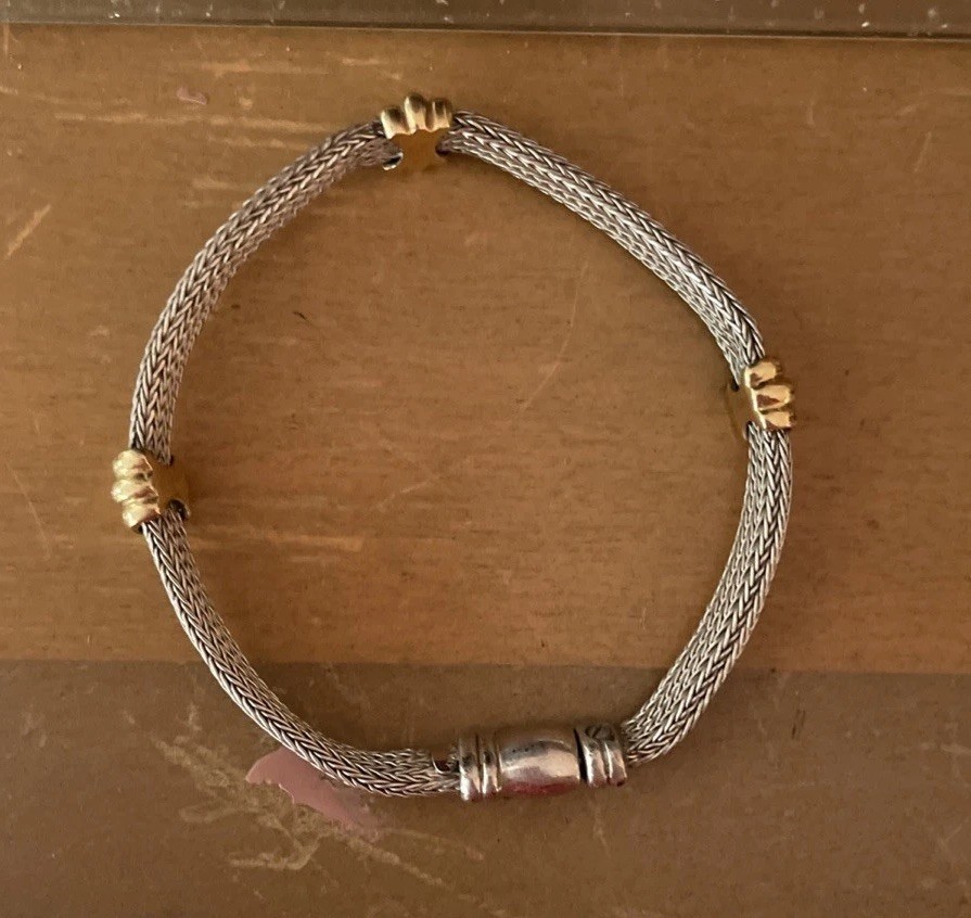 Vtg 925 Sterling 14K Cable Station Clasped Bracelet Italy 6.75” Not Bangle Woven