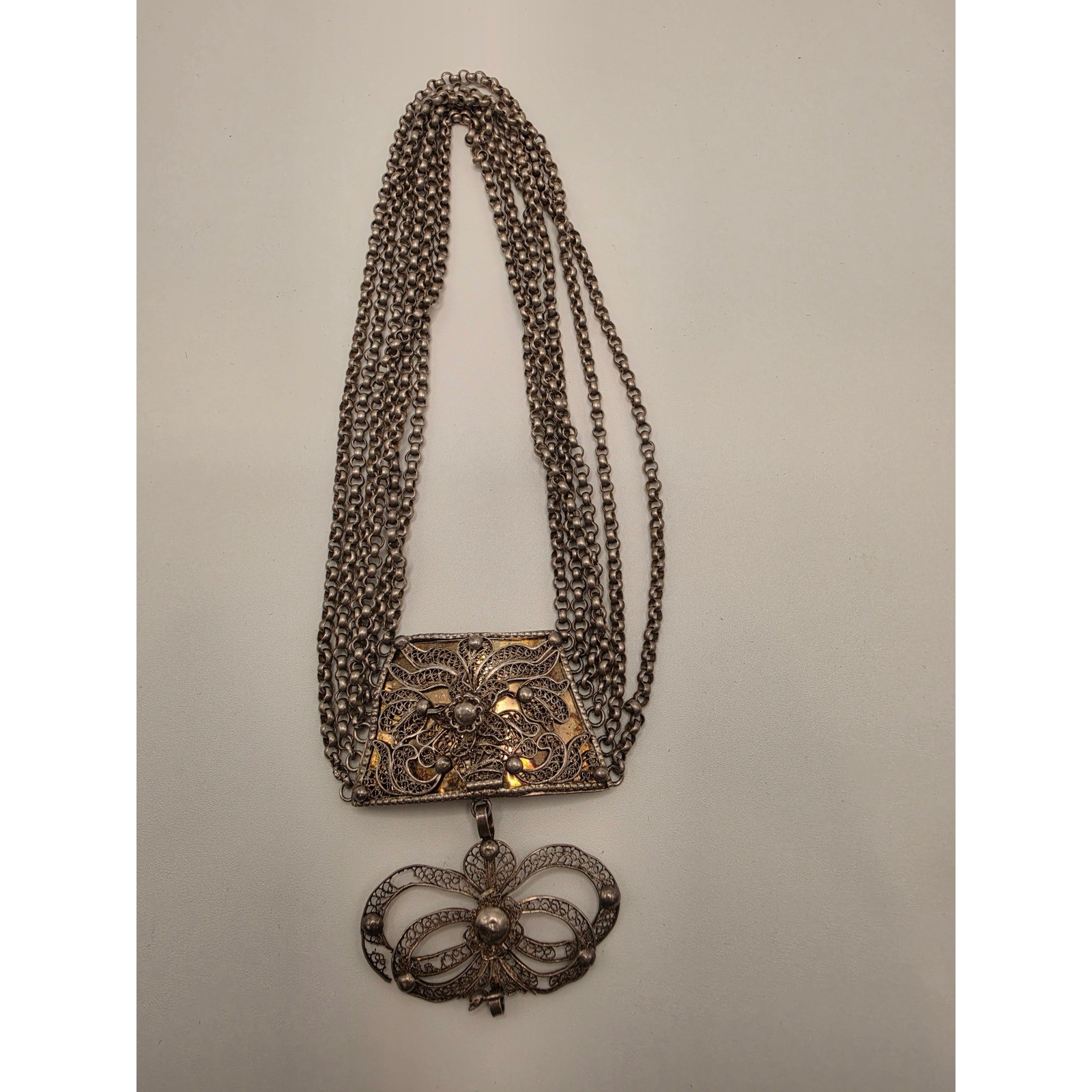 Vintage Silver Filigree Multi Strand Necklace 5 Chain Statement Piece 800 Silver
