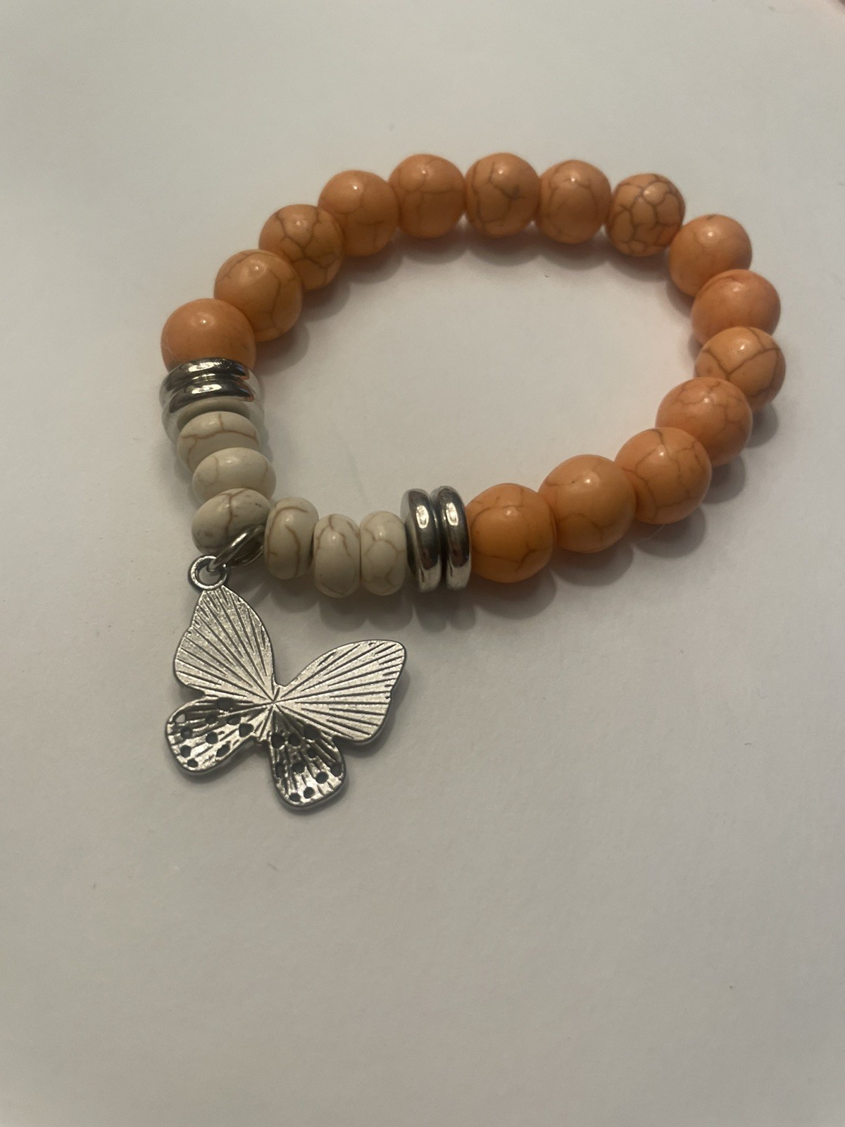 Peach & Marble Stretchy Set Of 2 Chunky Bracelets Butterfly Charm