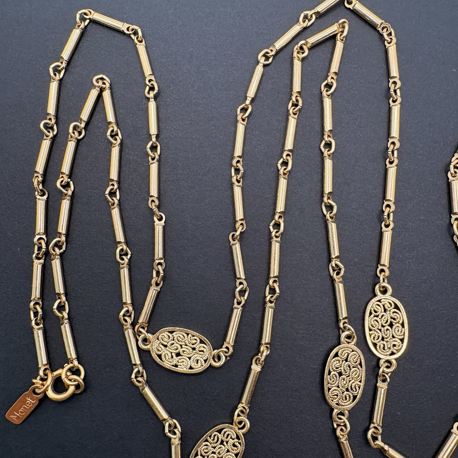 Vintage Monet Oval Filigree Station Bar Link Gold Tone Chain Necklace 57″ Long