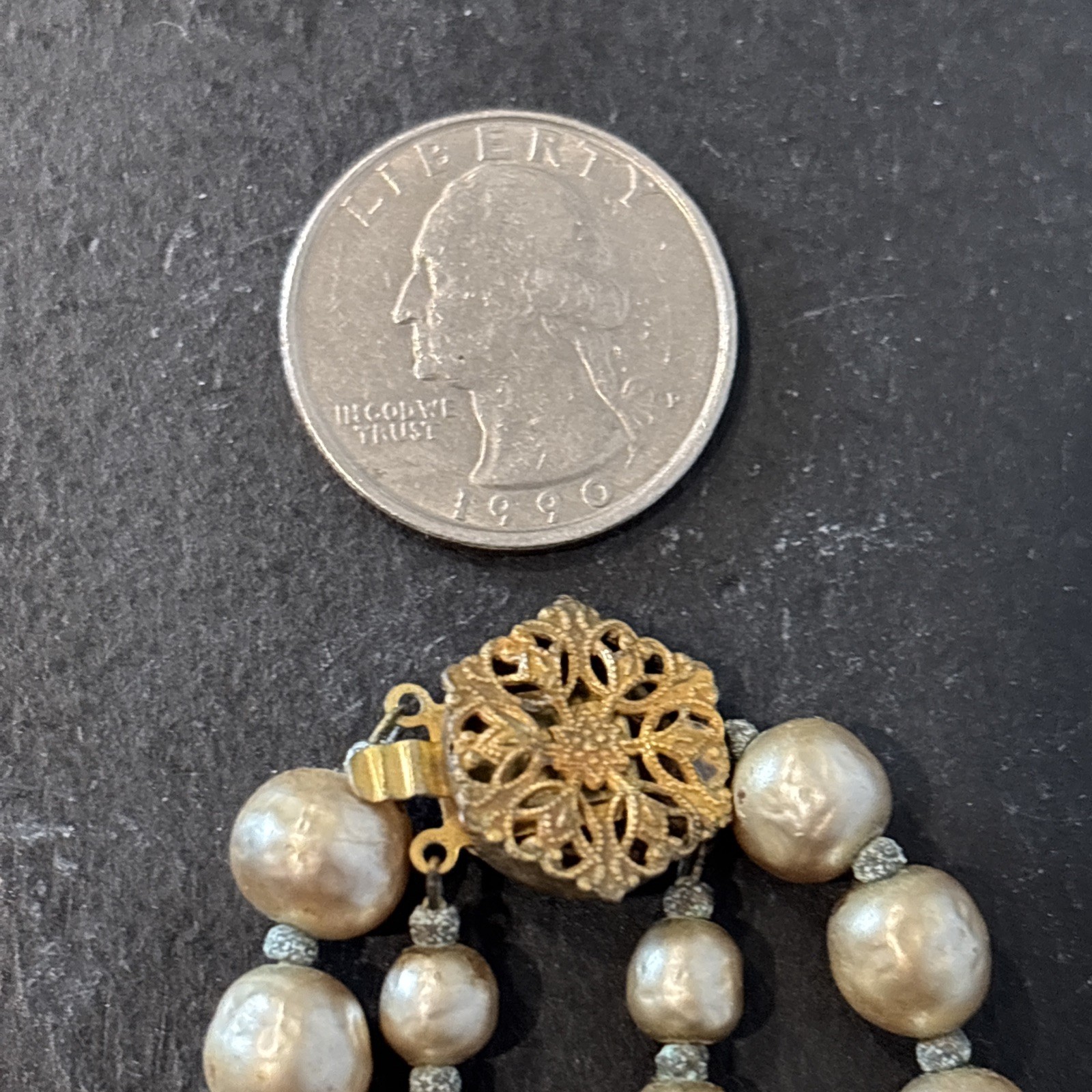 Double Strand Miriam Haskell Baroque Simulated Pearl Necklace Gold Tone Closure