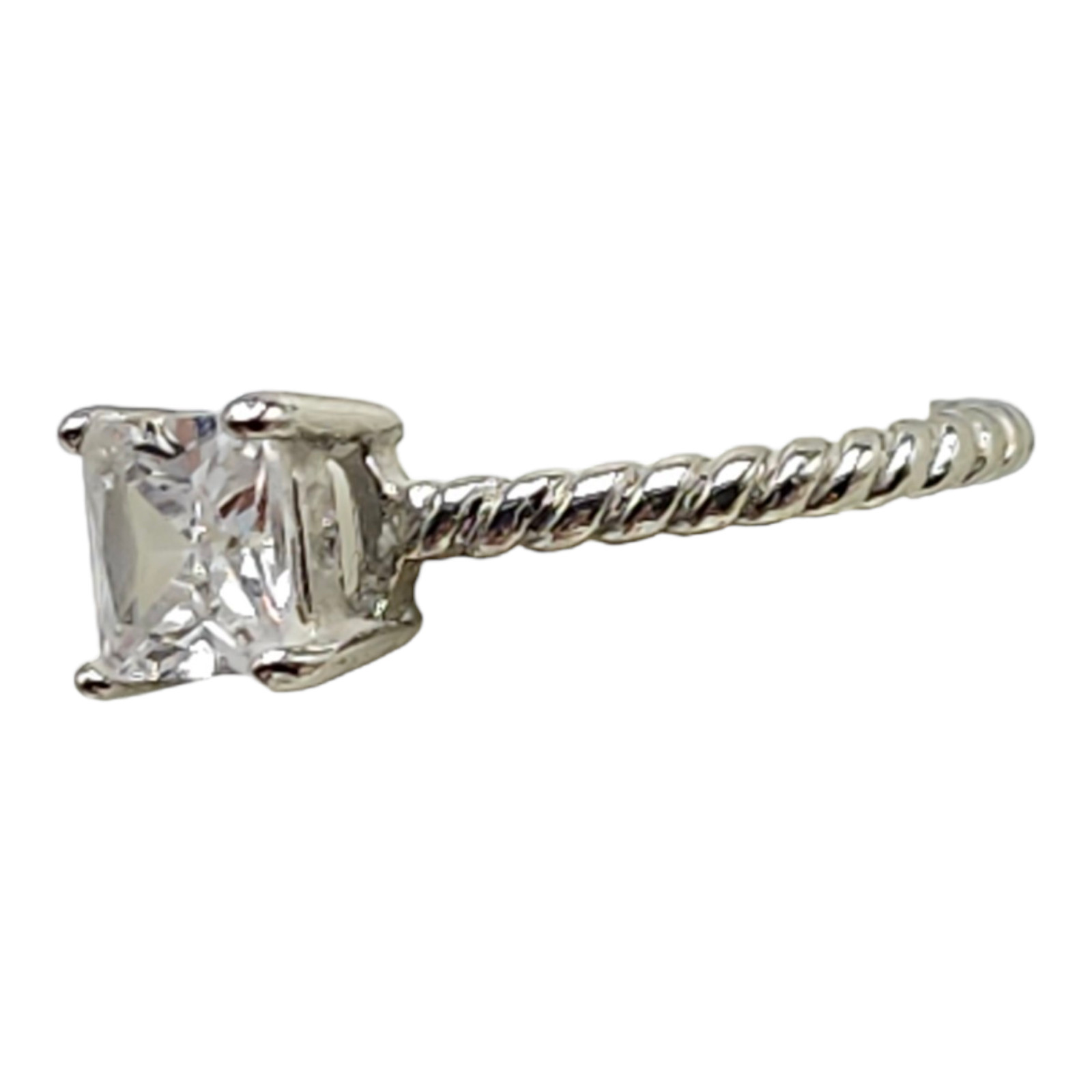Rope Twisted Solitaire Emerald Cut Clear Rhinestone Ring Silver Tone VTG 7.75