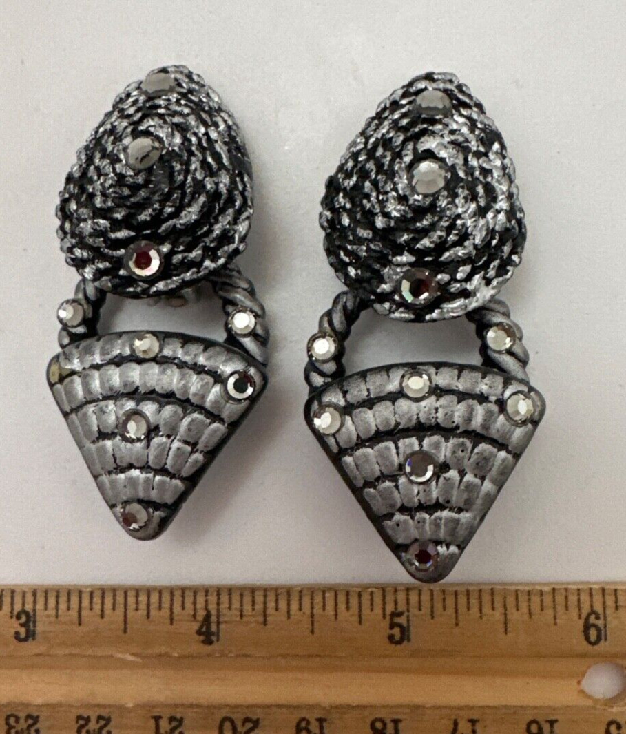 Vintage Jeff Lieb Clip Earrings Black/Silver/ Rhinestone One Of A Kind Handmade