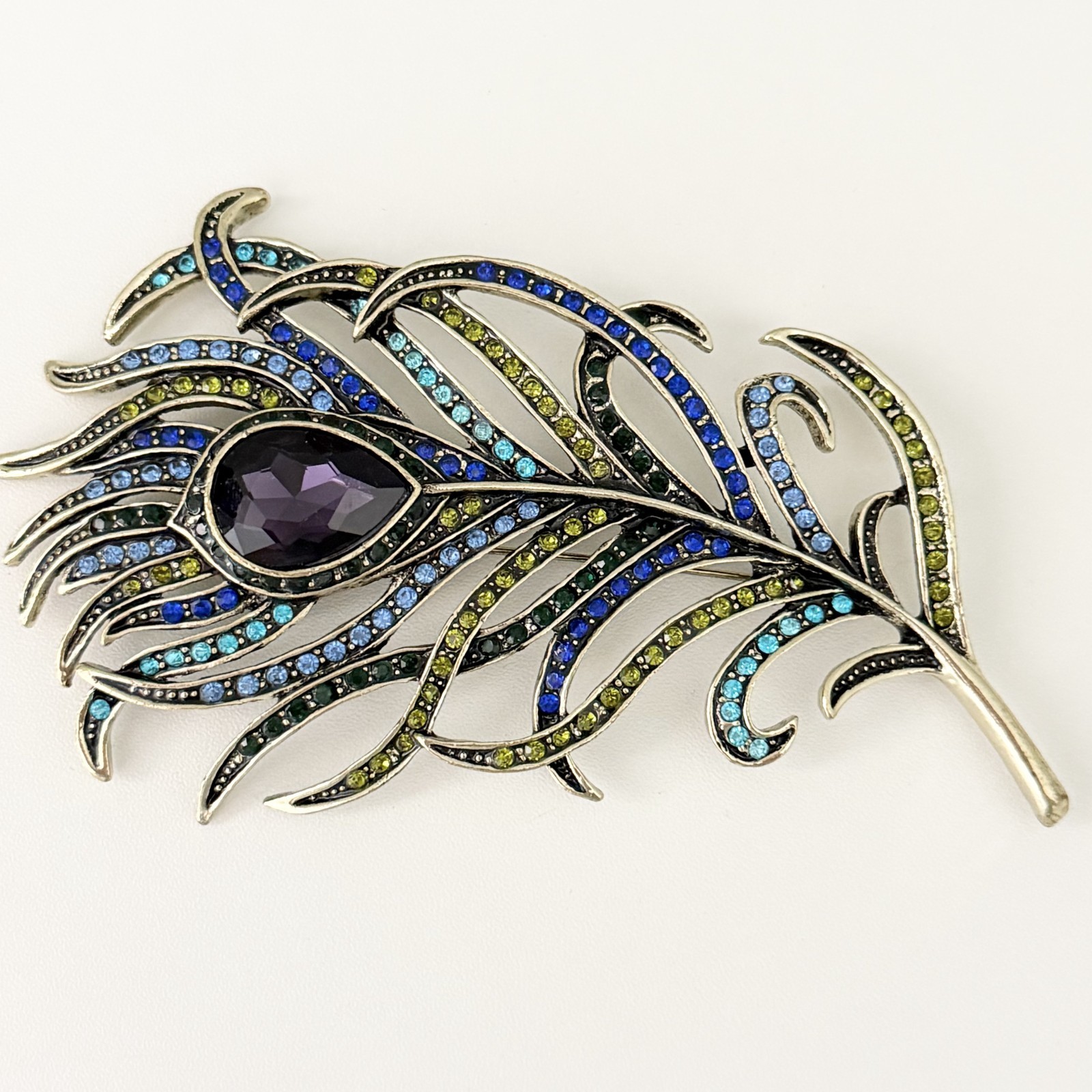 Heidi Daus Signed Rare Big Peacock Feather Rhinestone Statement Brooch Pin