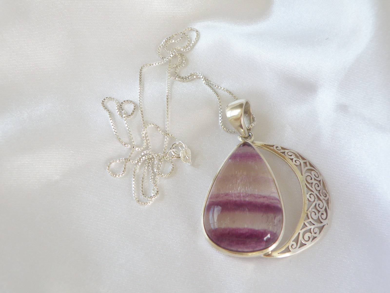 Large Sterling Silver 925 Fluorite Crescent Moon Pendant Necklace
